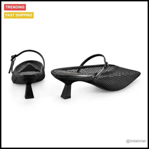 Mesh Kitten Heels with Adjustable Strap Slip On Pumps - Picture 6 of 7